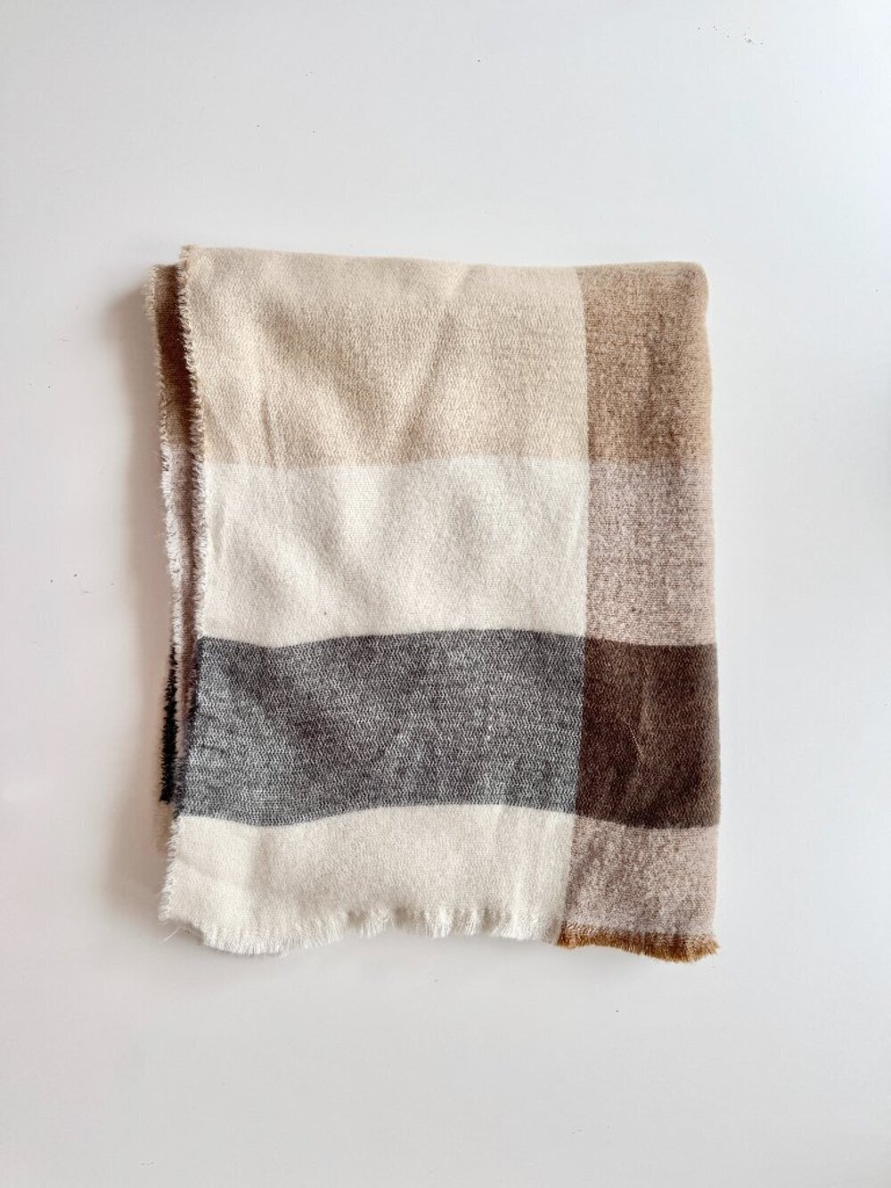 ZARA Cream Tan Beige Grey Colorblock Acrylic Knit Large Rectangle Blanket Scarf